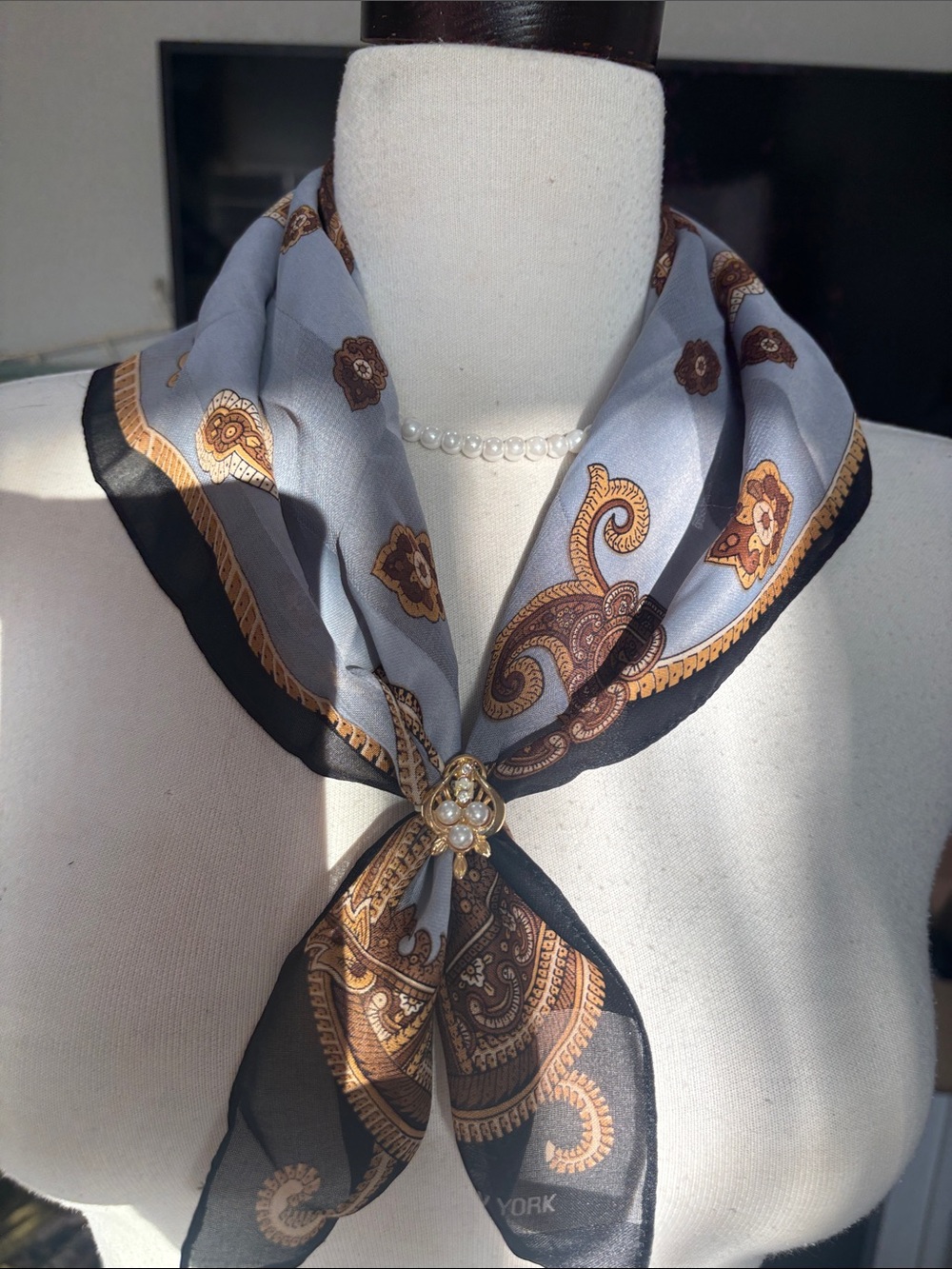Jones New York Paisley Silk-Feel Square Scarf in Brown and Cream
